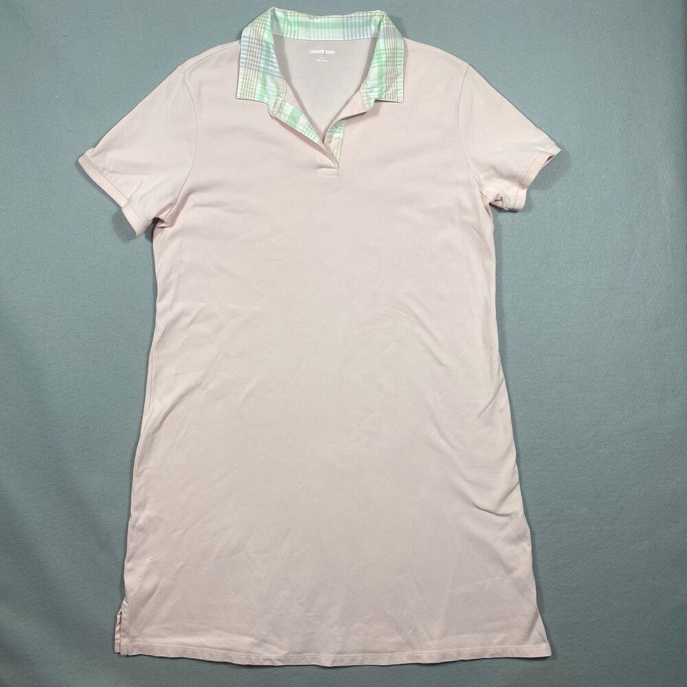 Lands End Dress Women Sz L 14-16 Pink Shirt Dress Midi Capsule Knee Length Plaid